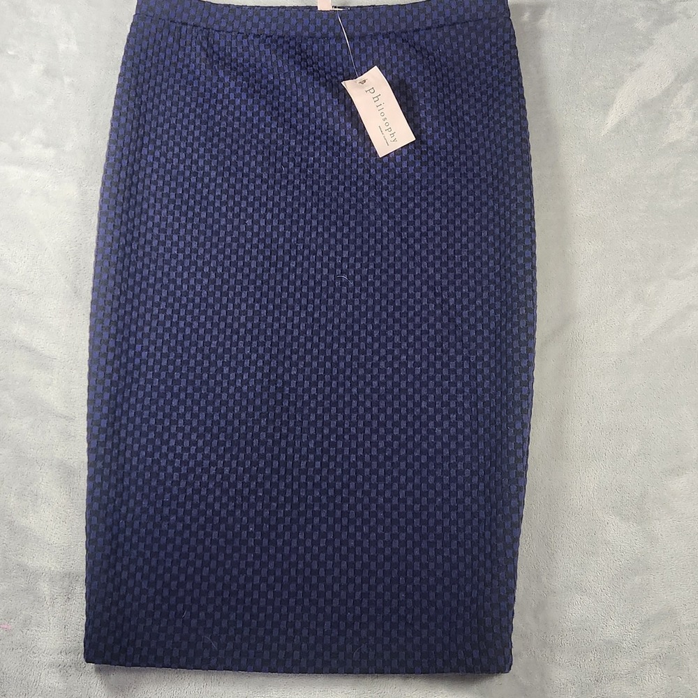 Philosophy Womens Black Blue Check Stretchy Pencil Knee Length Skirt NWT Skater